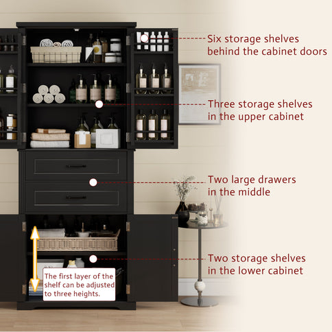 Multi Functional Storage Cabinet With Adjustable Shelves, 2 Drawers, Door Shelves