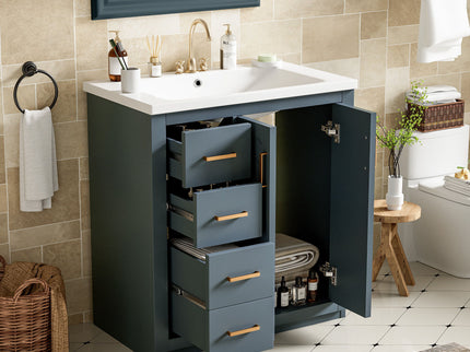 Ceramic Sink Combo, Freestanding Vanity Set With 3 Drawers & Soft Closing Doors