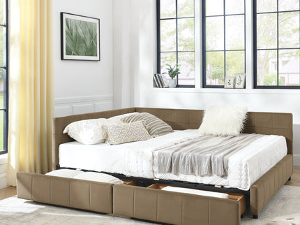 Mid-Century Storage Upholstered Tufted Bed Frame With Backrest And Armrests