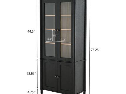 Vintage Display Cabinet With Double Glass Doors, Traditional Style For Collectibles, Ash Wood Veneer, 73.25" Tall - Black / Natural