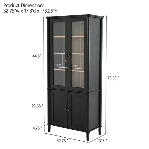 Vintage Display Cabinet With Double Glass Doors, Traditional Style For Collectibles, Ash Wood Veneer, 73.25" Tall - Black / Natural