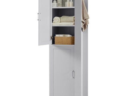 Tall Freestanding Bathroom Storage Cabinet With Adjustable Shelves And Side Hooks