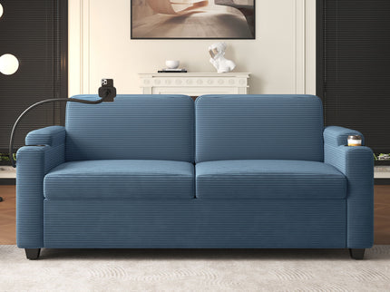 Sleeper Sofa Loveseat Sofa With Full Size Mattress, 2 USB Ports, 2 Cup Holders, 2 Side Pockets And Phone Holder