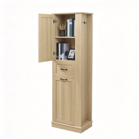 Tall Storage Cabinet With Tilt Out Compartment, Adjustable Shelves, Soft Close Hinges - Natural