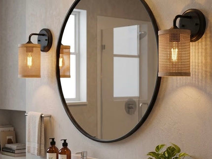 Reef - Single Lights Wall Sconce With Natural Shade Rustic Wicker Wall Light - Black / Rattan