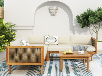 Premium Outdoor Sofa Set With Waterproof Cushions Sectional Seating Group With Acacia Wood And Wicker - Brown Mix / Beige