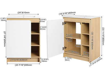 Freestanding Bathroom Vanity With Thin Rim Sink, Single Door With 4 Tier Open Shelves - Light Oak / White