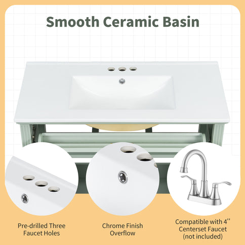 Bathroom Vanity With Sink, Flip-Out Top Drawer, Soft Close Doors, 2 Storage Drawers
