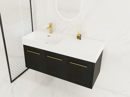 Contemporary 48" Wall Mounted Bathroom Vanity With Resin Sink And Soft Closing Doors And Line - Black Chestnut