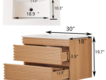 Wall Mounted & Floating Single Vanity With Ceramic Sink - Natural Walnut
