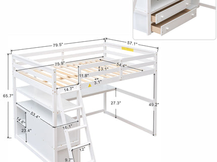 Modern Loft Bed With Built In Desk, Shelves, And 2 Drawers