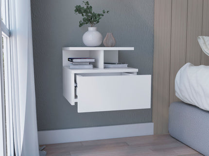 Floating Nightstand Wall Mounted With Single Drawer And 2 Tier Shelf - White