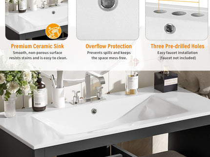 Bathroom Vanity With Sink, Soft Close Doors, Adjustable Shelf & 3 Drawers