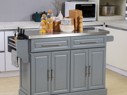 Homcom - Rolling Kitchen Island With Storage, Portable Kitchen Cart With Stainless Steel Top, 2 Drawers, Spice, Knife And Towel Rack And Cabinets
