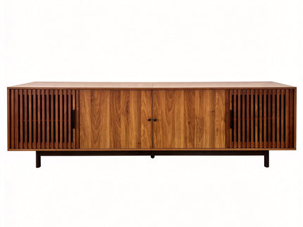 TV Stand, Media Console & Soft Closing Hinges, Adjustable Shelves, Slatted Doors - Walnut