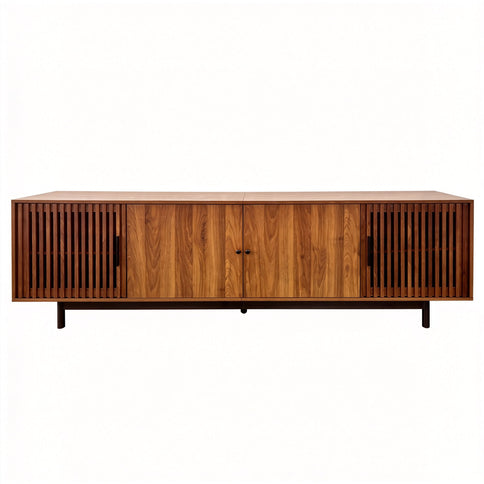 TV Stand, Media Console & Soft Closing Hinges, Adjustable Shelves, Slatted Doors - Walnut