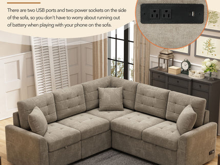 L-Shape Sofa Bed Pull-Out Sleeper Sofa With Wheels, USB Ports, Power Sockets For Living Room
