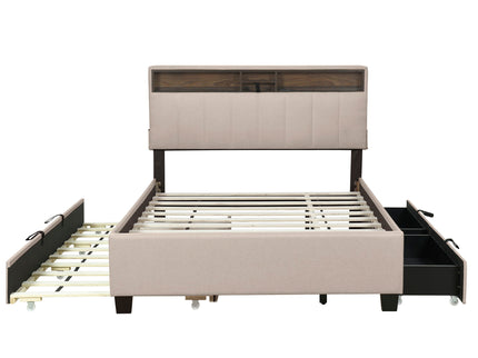 Upholstered Platform Bed With Storage Headboard, Trundle & 2 Drawers And A Set Of Sockets & USB Ports