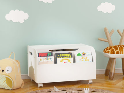 Toy Box With 4 Universal Wheels, Kids Playroom Storage Organizer With Front Bookshelf, Flip Top Lid, Safety Hinge - White