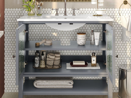 Bathroom Vanity With Ceramic Sink, Adjustable & Open Shelf