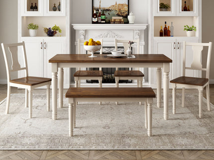 6 Piece Dining Set Classic Wooden Table And 4 Chairs With Bench For Kitchen Dining Room - Brown / Cottage White