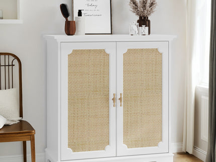 Rattan Decorated Sideboard Buffet Storage Liquor Cabinet - White