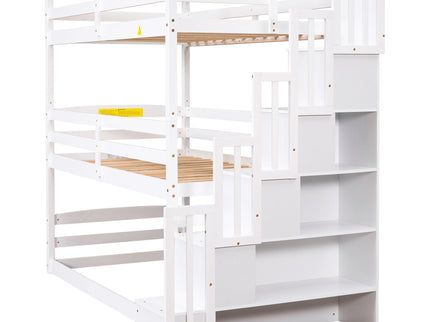 Twin Size Triple Bunk Bed With Storage Staircase, Separate Design - White