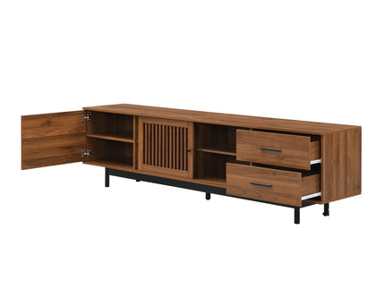 TV Stand, Media Console With 2 Drawers, Soft Closing Hinges, Adjustable Shelves, Slatted Design - Walnut