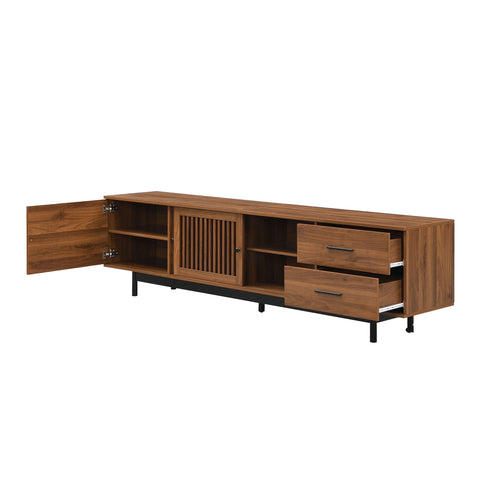 TV Stand, Media Console With 2 Drawers, Soft Closing Hinges, Adjustable Shelves, Slatted Design - Walnut