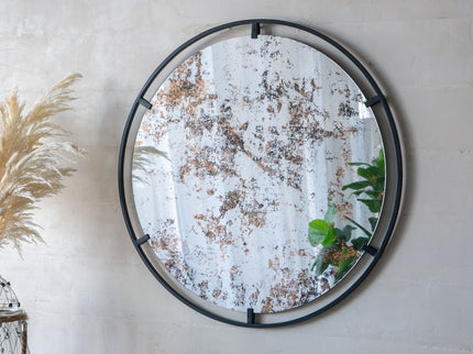Theodor - Mirror With Industrial Design Round Mirror With Metal Frame For Wall Decor & Entryway Console Lean Against Wall - Black