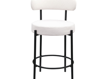 Modern Sherpa Counter Height Stools, Uphsoltered Seat Height Barstools With Brushed Brass Metal Legs Round Low Back Kitchen Stools With Footrest For Dining Room (Set of 2)