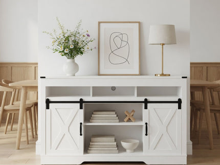 Farmhouse TV Stand With Sliding Barn Doors & Adjustable Storage