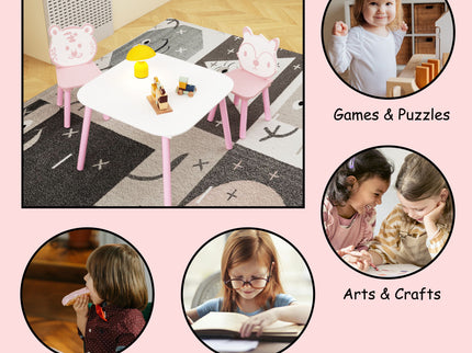 Table And Chair Set, 3 Piece Wooden Toddler Desk With Animal Backrest - Pink / White