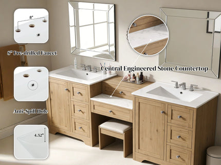 Double Sink Bathroom Vanity With Countertop, 2 Ceramic Sinks, 6 Drawers, Soft Close Design