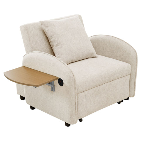 Convertible Single Chair Bed With Computer Board And USB Ports, 3 In 1 Sofa Bed - Beige