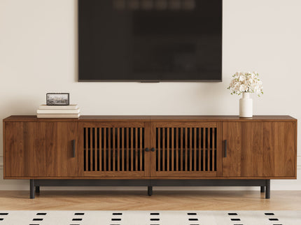 TV Stand, Media Console With Soft Closing Hinges, Adjustable Shelves, Slatted Doors - Walnut