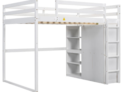 Loft Bed With Built In Wardrobe, Storage Shelves, And LED Light