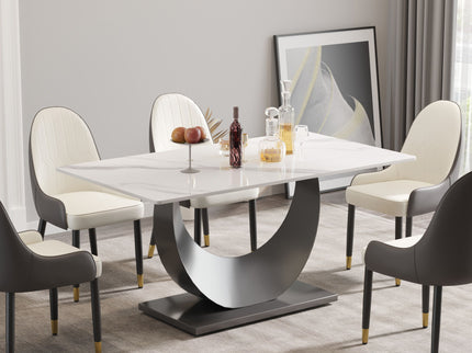 63" Modern Artificial Stone Crescent-Shaped Metal Legs, Can Accommodate 6-8 People - White / Black