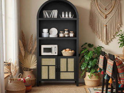 Arched Pantry Cabinet With Adjustable Storage & Doors - Black