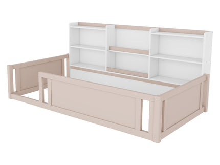 Platform Floor Bed With Guardrail Fence And Side Storage Shelves