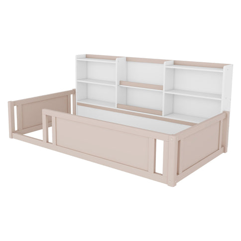 Platform Floor Bed With Guardrail Fence And Side Storage Shelves