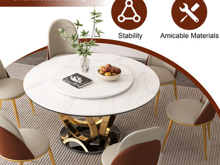 Round Dining Table With 360° Smooth Lazy Susan For Dining Room - Gold / Black / White
