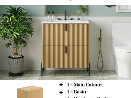 Fluted Bathroom Vanity With Ceramic Sink, Freestanding Design