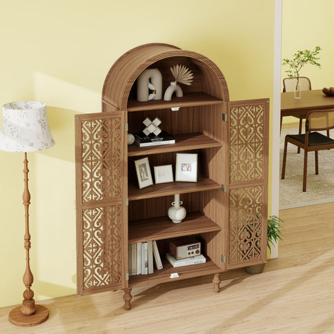 Tall Kitchen Pantry Cabinet With Hollow Carved Doors Adjustable Shelves Versatile Storage Cabinet For Kitchen - Walnut