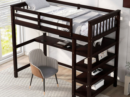 Loft Bed With Storage Shelves And Under Bed Desk