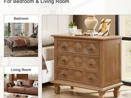 Nightstand With Charging Station, 3 Drawer Bedside Table - Natural Wood