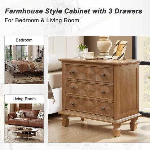 Nightstand With Charging Station, 3 Drawer Bedside Table - Natural Wood
