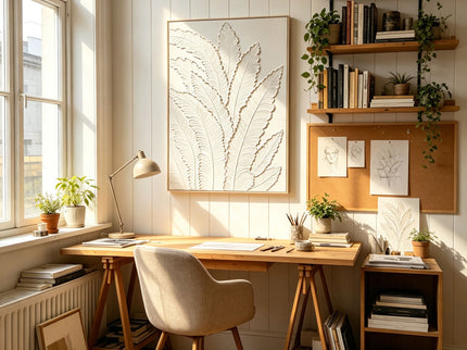 Framed Botanical Leaf Wall Art, Thick Textured Canvas Painting, Neutral Decor For Living Room - White
