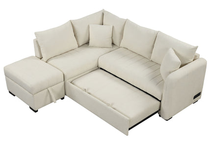 L-Shaped Sectional Pull Out Sofa Bed Sleeper Sofa With Two USB Ports, Two Power Sockets And A Movable Storage Ottoman