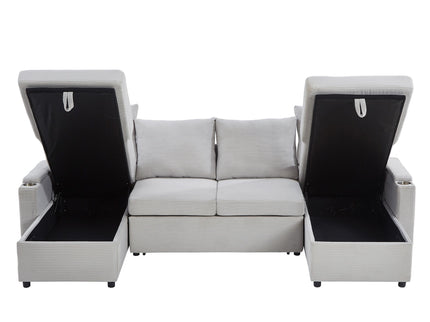 U Shaped Sectional Sofa Bed With Storage Chaise Lounges, USB Ports, And Cup Holders